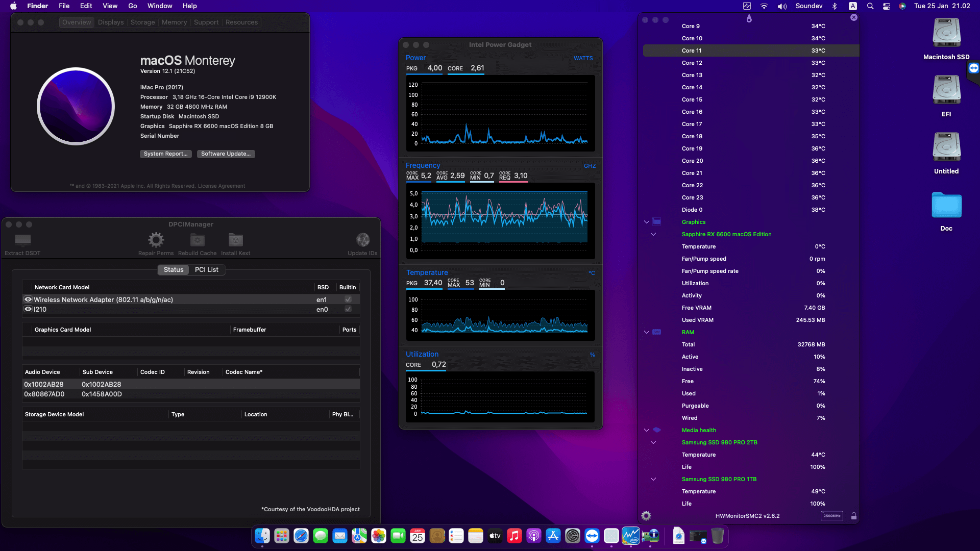 Success Hackintosh macOS Monterey 12.1 Build 21C52 in Gigabyte Z690 Aorus Pro + Intel Core i9 12900K + Sapphire RX 6600